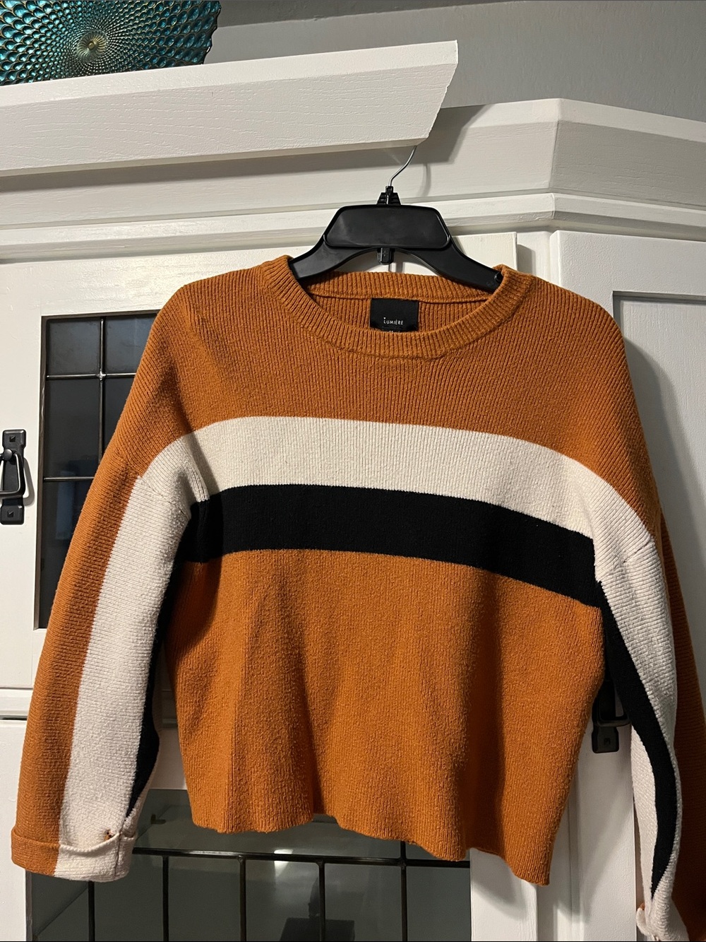 Lumiere Rust Orange Colorblock Sweater with Black and Cream Stripes